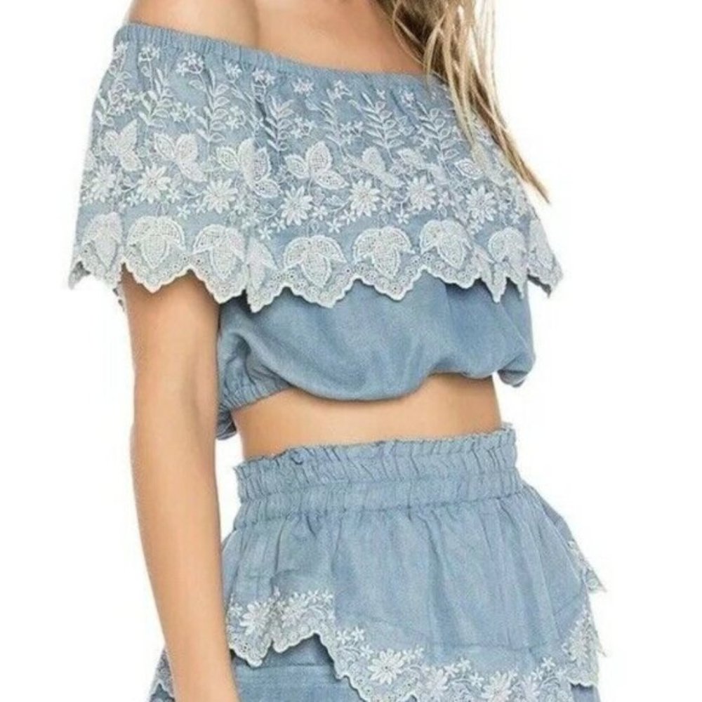 Love Shack Fancy Tori Off the Shoulder Chambray with Embroidery Crop Top Sz M